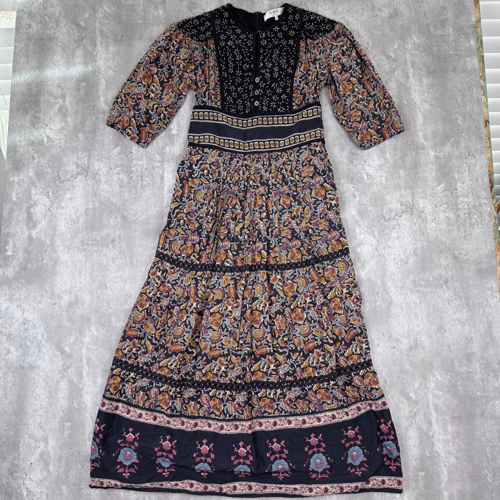 Sea New York Long-Sleeve Maxi Dress Womens 0 Bohemian Floral Lace Praire Picnic